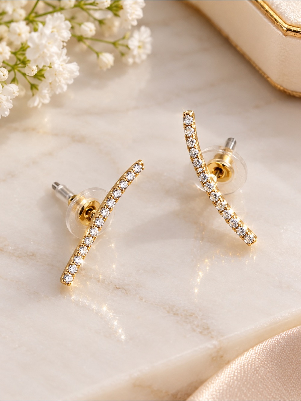Gold CZ Curved Bar Stud Earrings